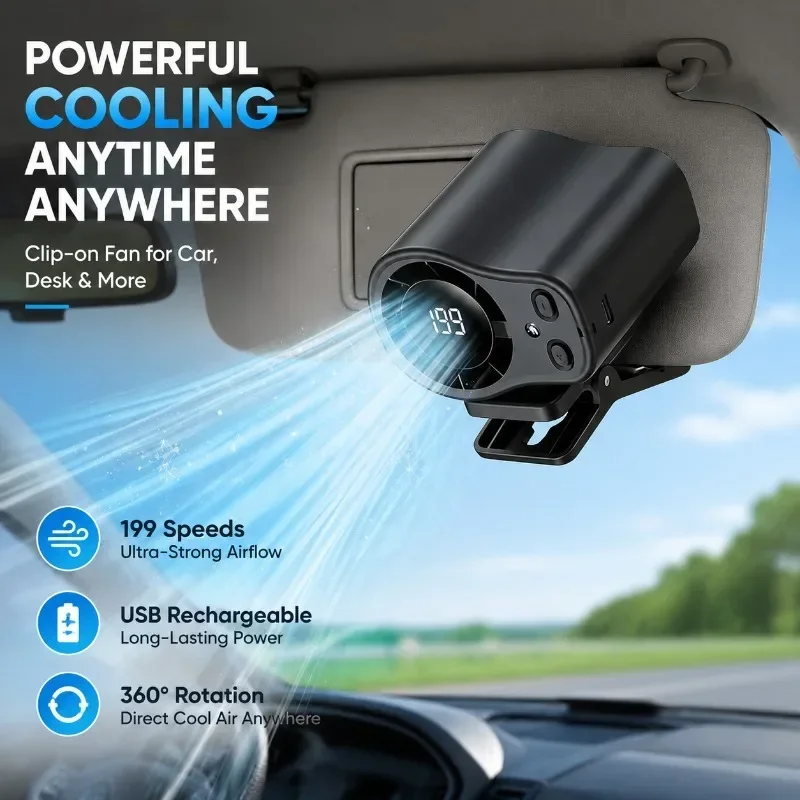 360° Rotatable Car Sun Visor Fan Digital Display Strong Wind Low Noise Type C Charging Clip On Summer Cooling Accessory