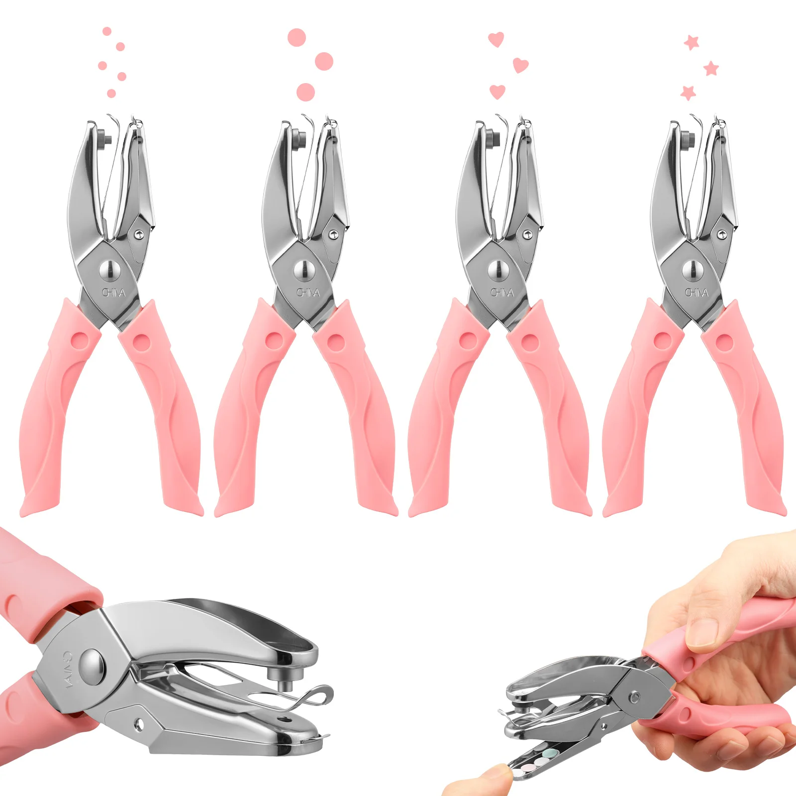 4PCS Handheld Hole Paper Punch Metal Single Handheld Hole Paper Puncher with Soft Grip Circle Heart Star Shape Puncher for DIY