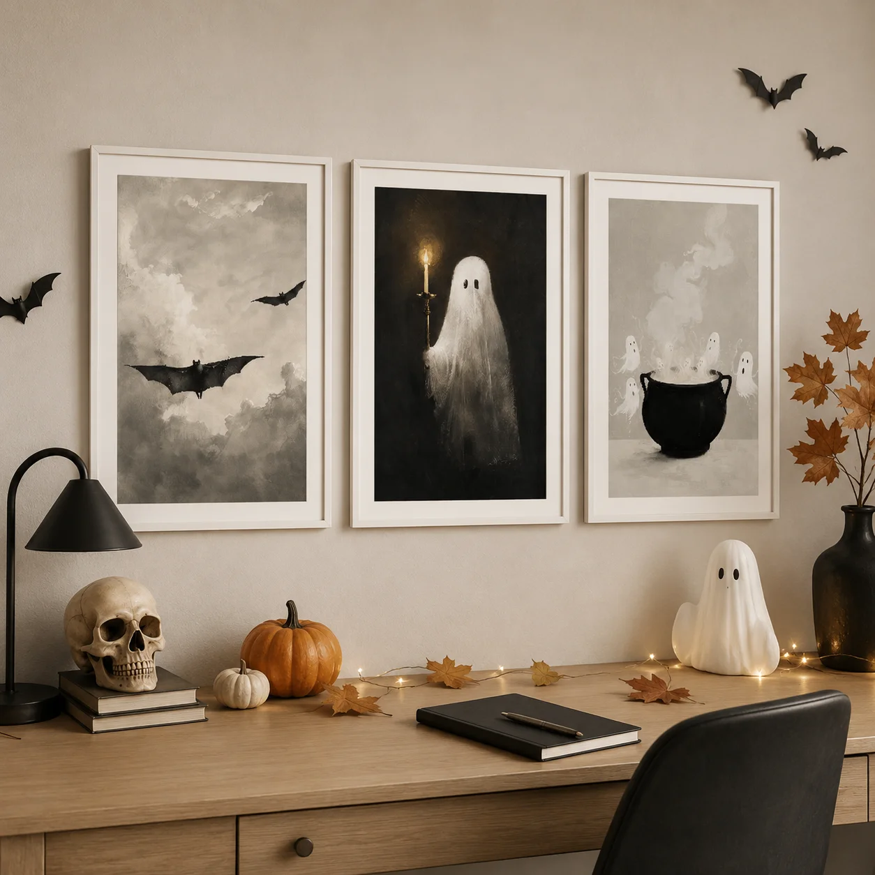 3pcs frameless Canvas Painting Halloween Wall Art Prints Spooky Ghost Bat Cauldron Vintage Poster Home Decor, Suitable for Hallo