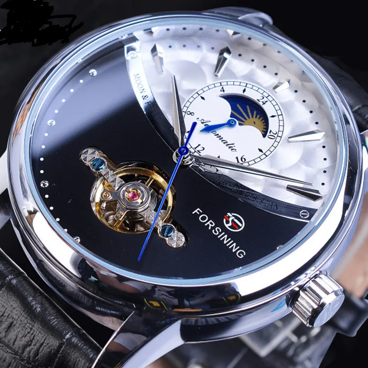 2023 Forsining Mens Watches Automatic Mechanical Tourbillon Sport Clock Flywheel Multi-function Moon Display Leather Wrist Watch