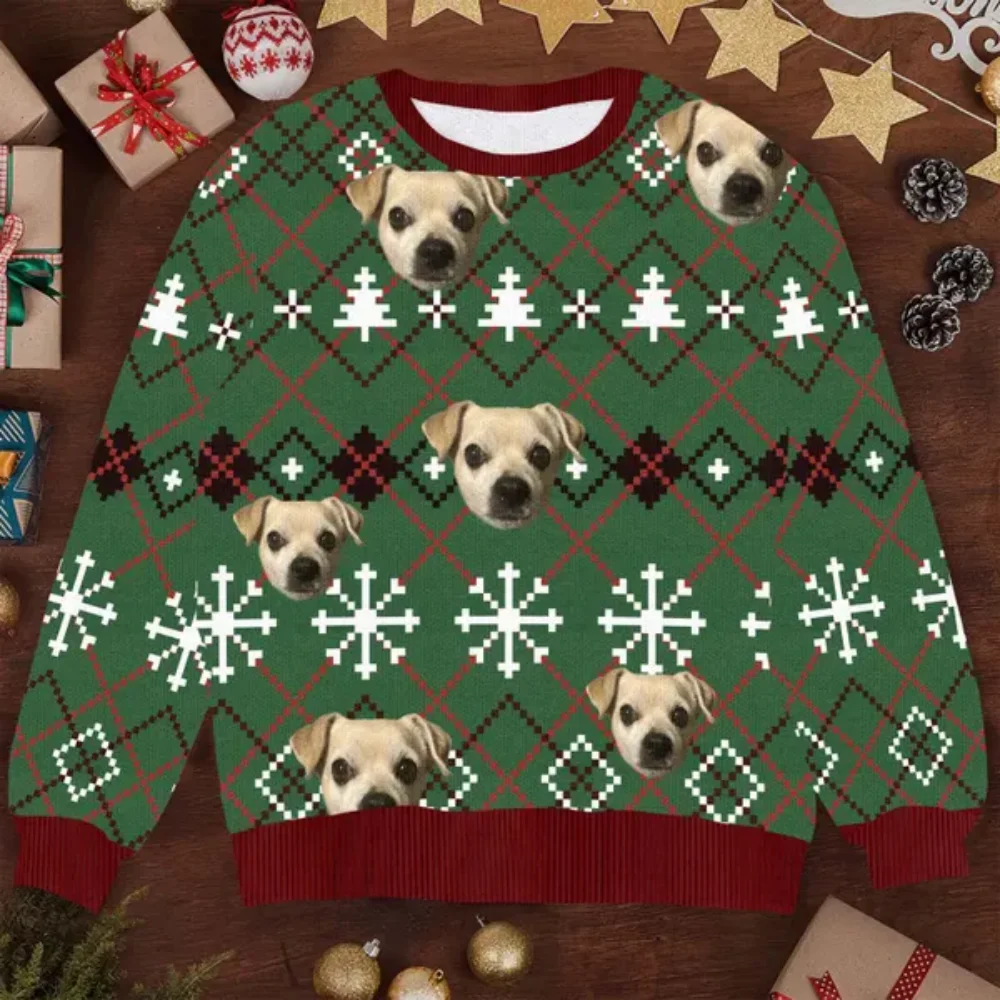 

Personalized Smiley Face Pet Portrait Dog Ugly Christmas Sweater - Sports Jumper Boys and girls Custom sweaters with pet photos,