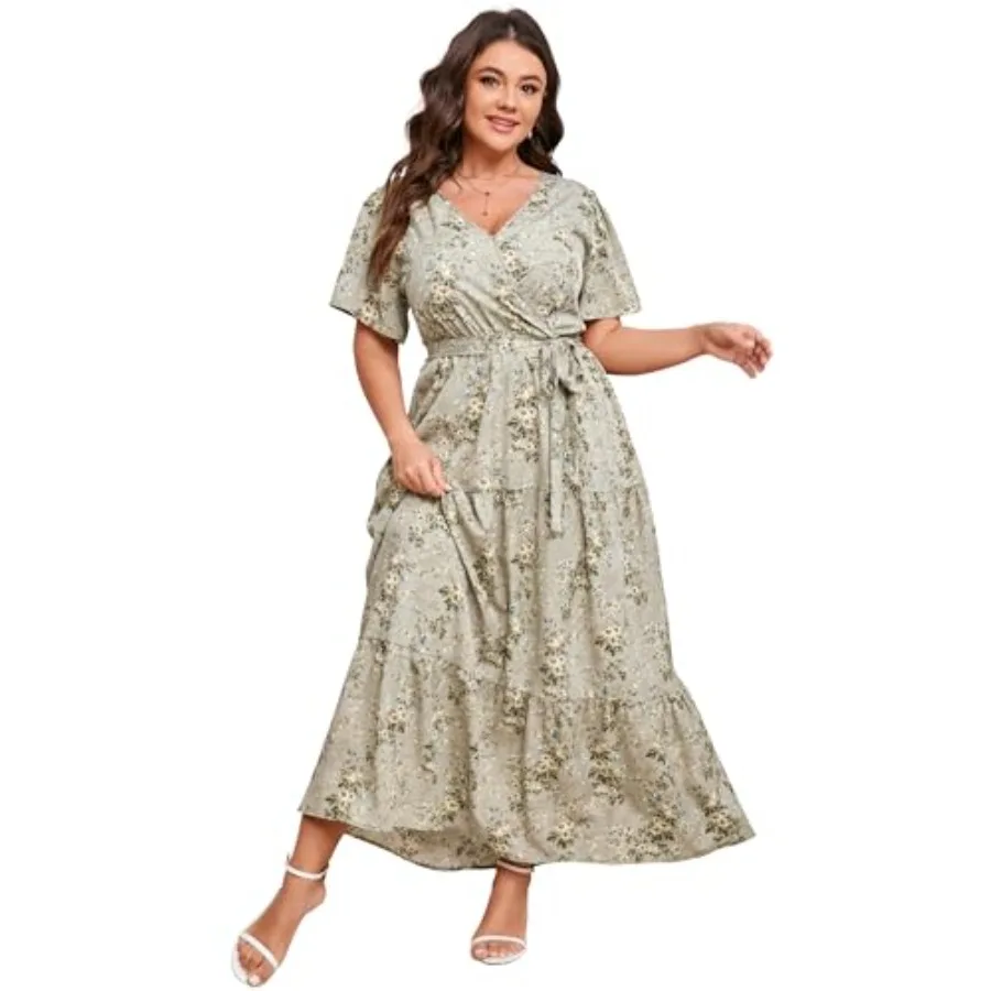 

Womens Plus Size V Neck Wrap Maxi Dress High Waist Ruffle Summer Casual Dress with Belt