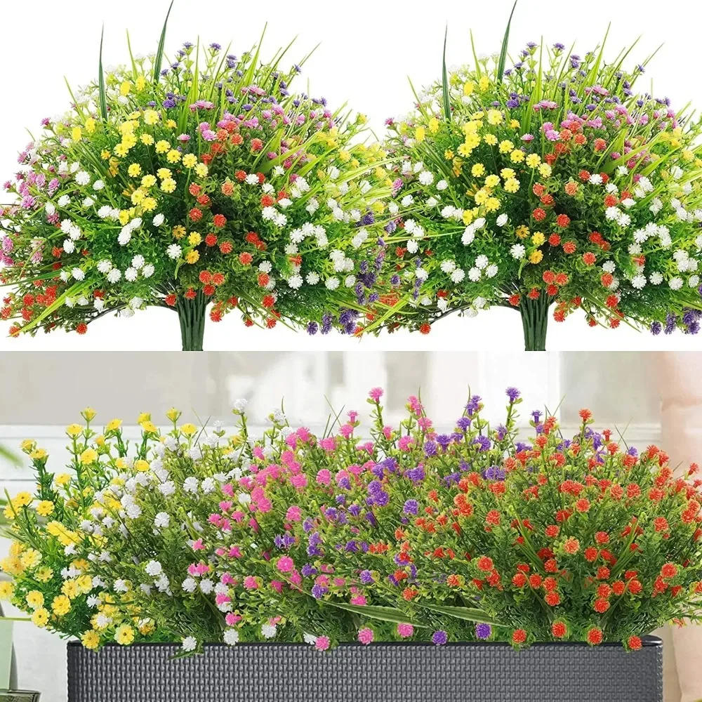 10 Bundles Outdoor Artificial Flowers Gypsophila Baby Breath Flowers, UV Resistant Faux Plastic Greenery Shrubs Plants 5 Colors