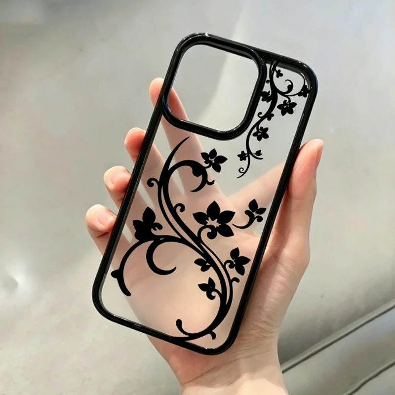 

Same Color Black Border Floral Vine Phone Case For iPhone 17 Air 16 15 14 Plus 13 12 11 Pro Max Clear Minimalist Soft Phone Case