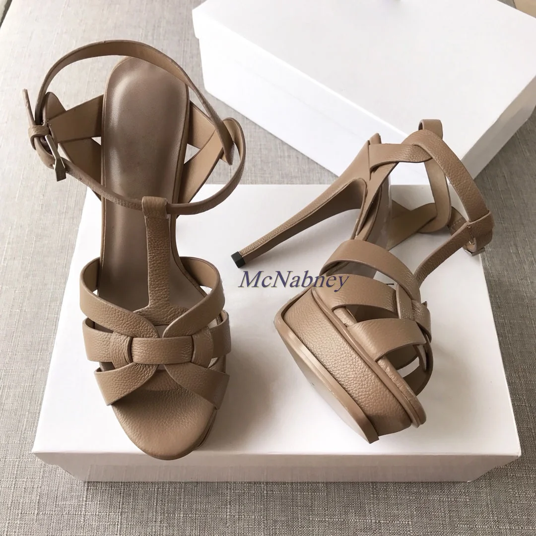 New Women Shoes Nude Black Patent Leather Cross Strappy Sandal Platform T-Bar Shoes Stiletto High Heels Ladies Dress Shoes