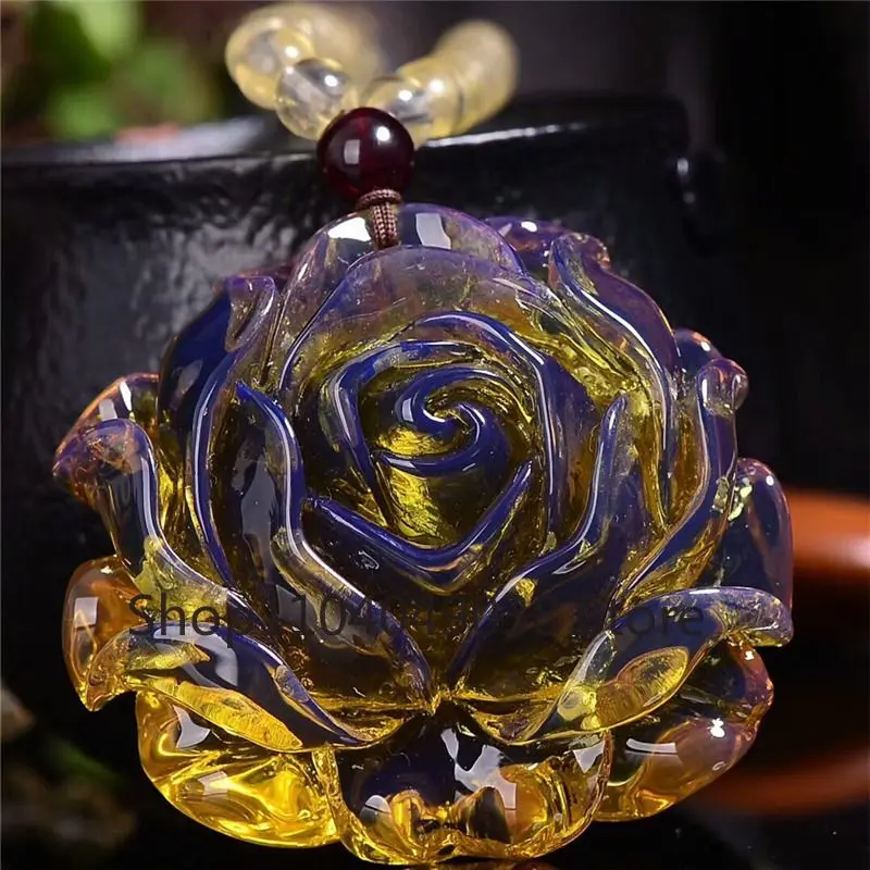 Natural Blue Colour Amber Beeswax Rose Flower Pendant High-grade Exquisite Fashion Hand Carved Luxury Jewelry Holiday Gifts