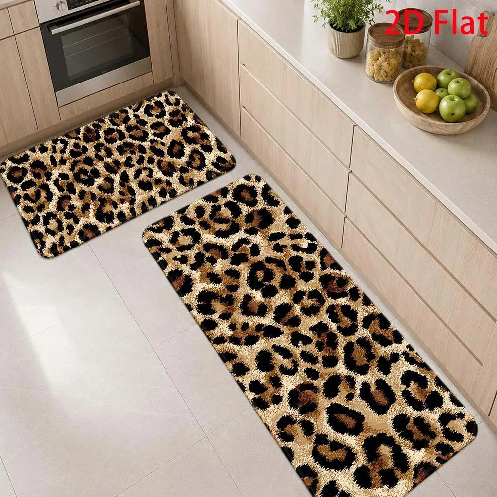 Leopard Print 2D Flat 1/2/3pc Set Runner Rug Doormat Home Decor Hallway Laundry Bedroom Living Room Kitchen Welcome Mat