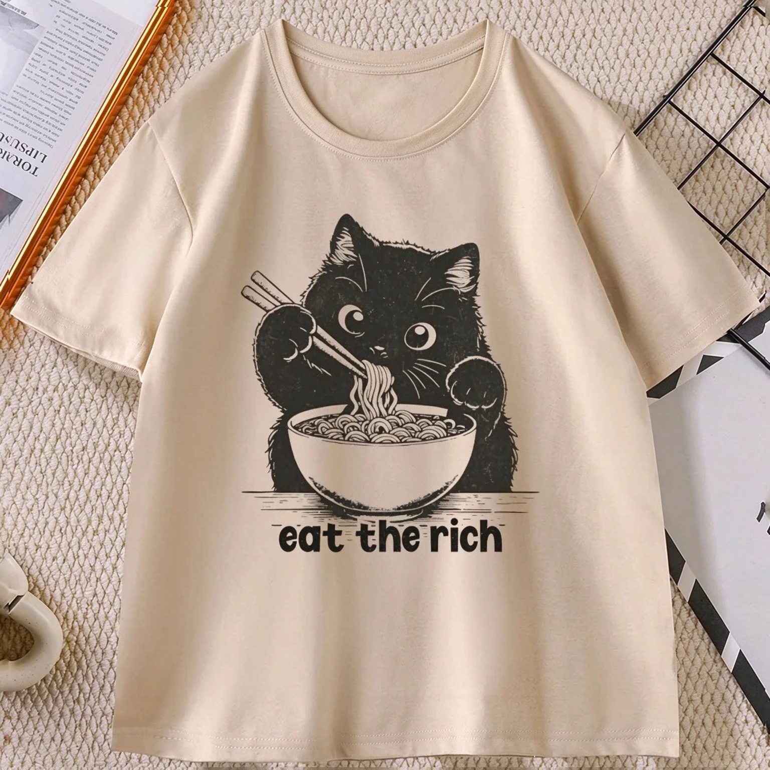 Eat The Rich T-shirt Funny Cat Ramen T Shirt Men Women Casual Short-sleeved Tshirt Soft Fitness Summer Clothes Streetwear