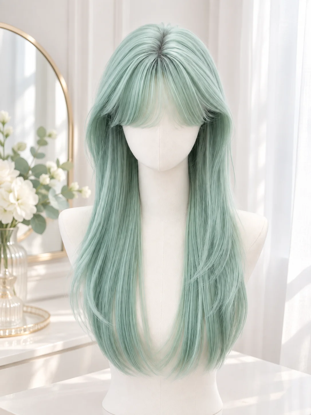 Summer Light Green Wig for Women JK Sweet Style Natural Long Synthetic Hair Full Wig Realistic Daily Party Cosplay