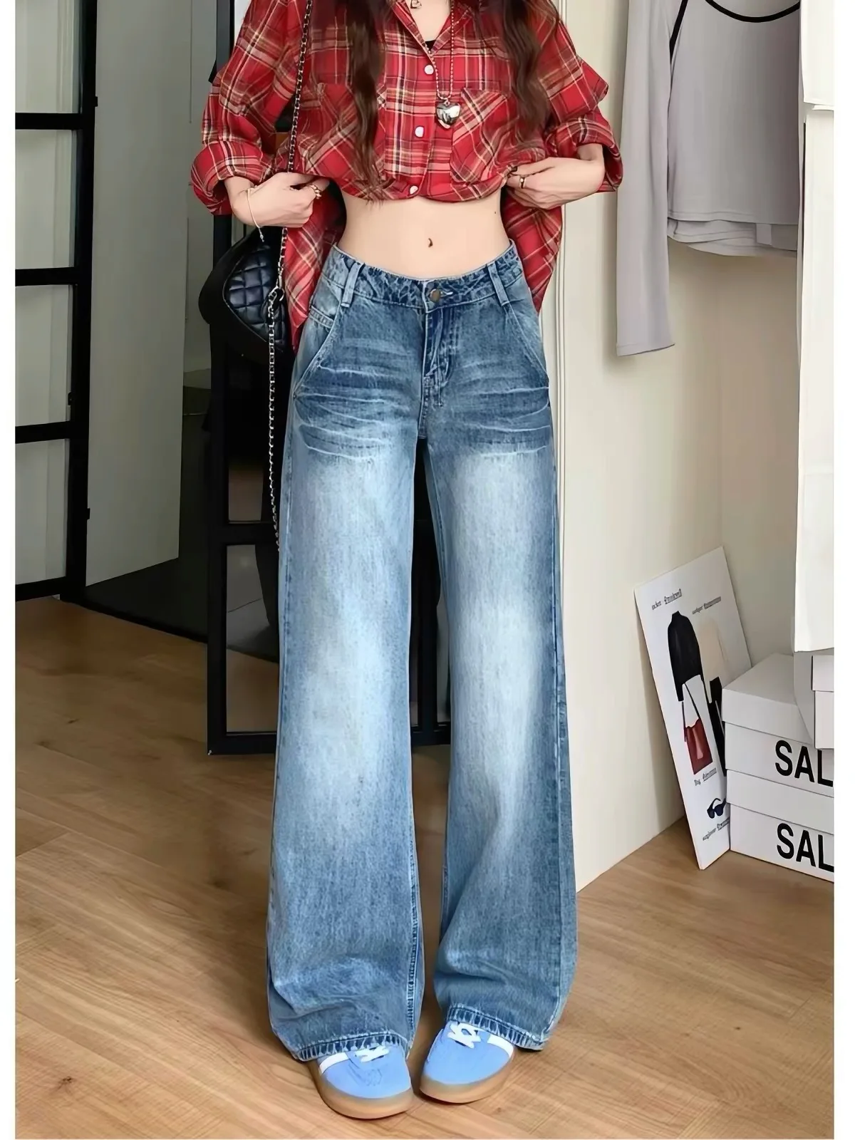 Casual American Retro Blue Straight Leg Jeans Women's Autumn New Draping Sensation Floor-Length Pants for Junior And Senior H...