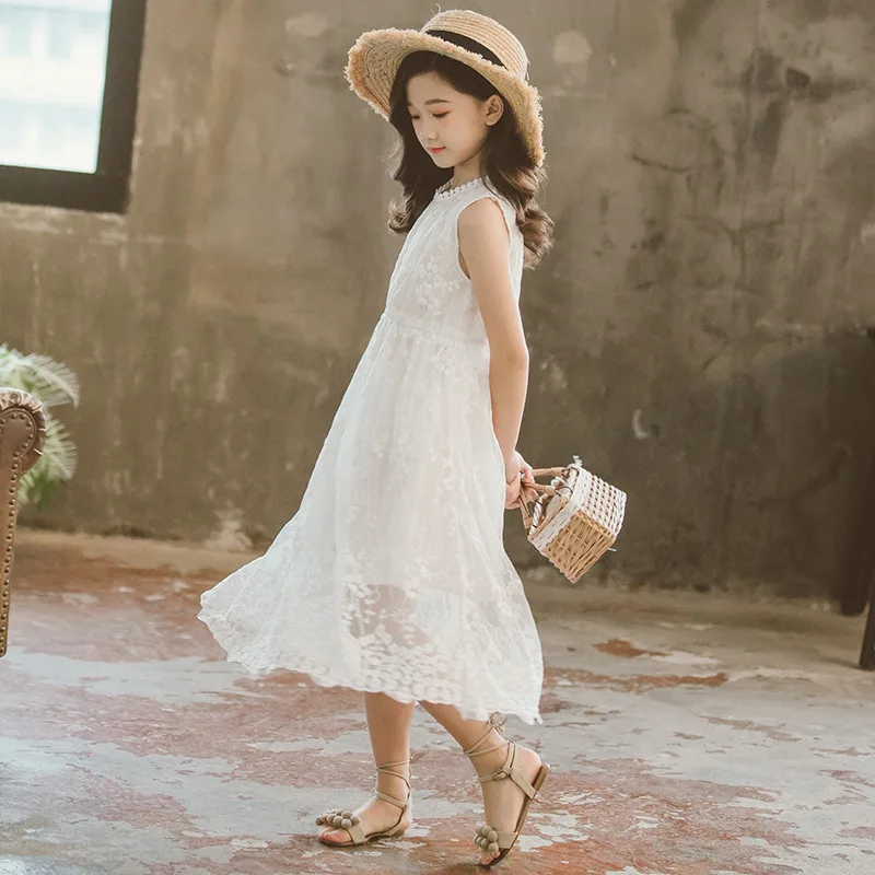 2023 summer lace mesh princess white dress beautiful sleeveless party dresses kids children toddler teen 5 6 8 9 10 11 12 years