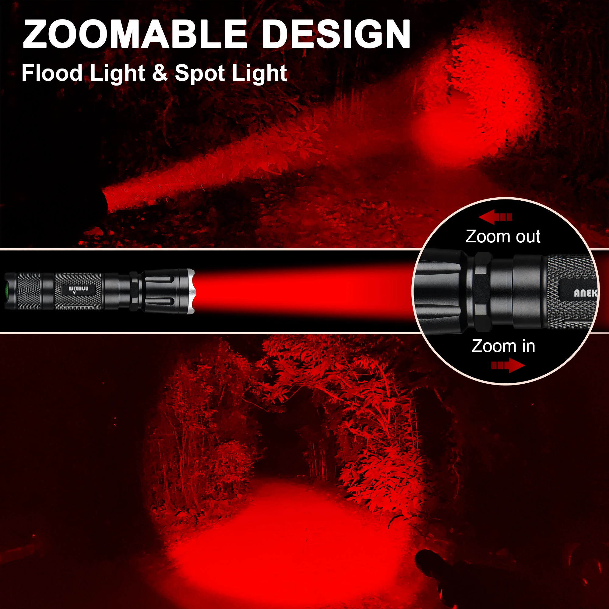 ANEKIM Zoom LED Red Torch X Series, 400M Long Distance for 18650 USB Rechargeable Kit Tactical Hunting Flashlight