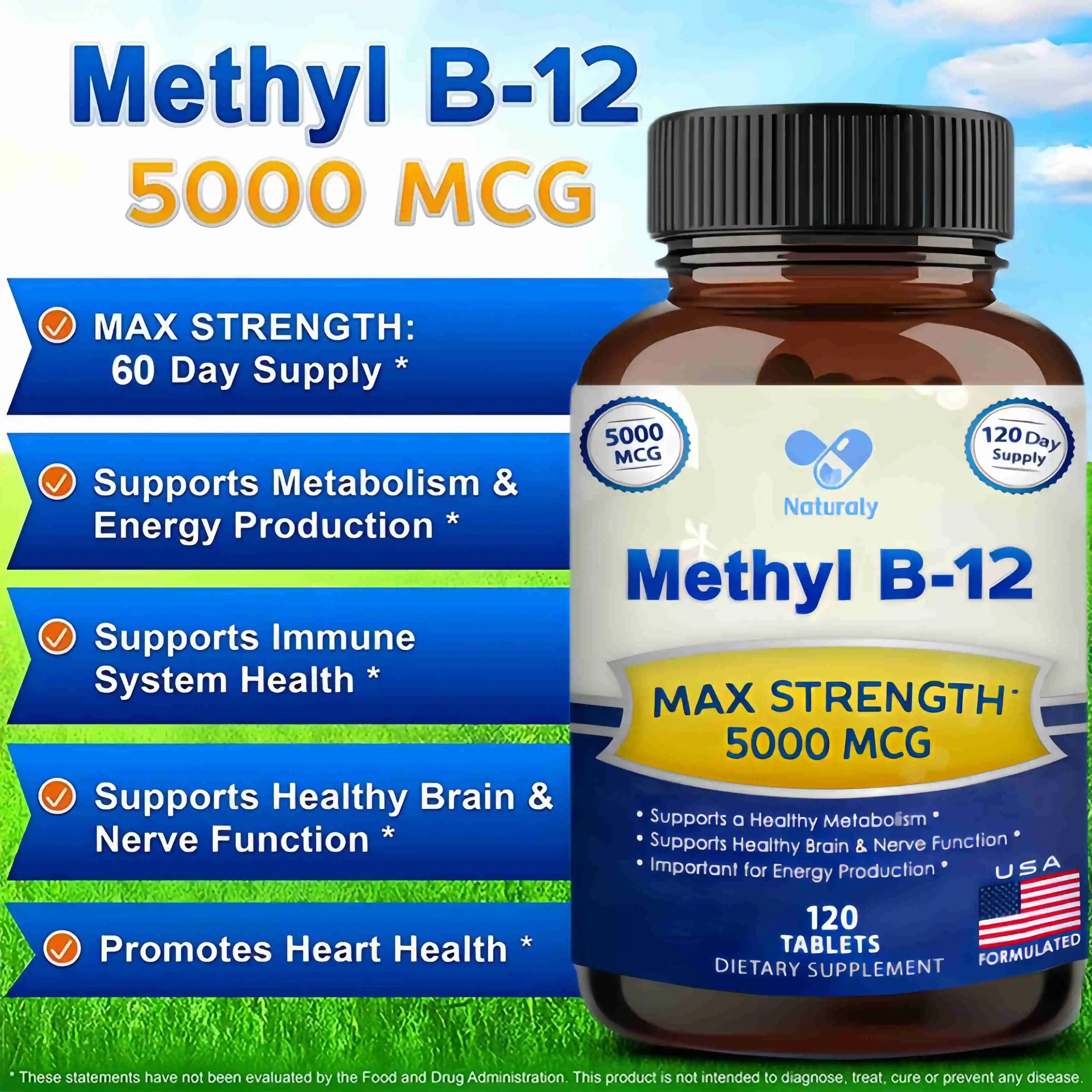 Vitamin B12 - 5000 MCG Supplement -Benefits Brain & Heart Function, Supports Memory, Learning, Helps Boost Natural Energy