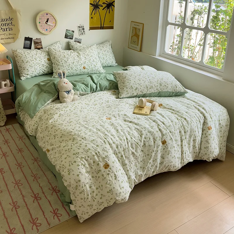 Korean Retro Floral Bedding Set 100% Washed Cotton Bed Sheets Set Soft Duvet Cover Bed Linen Pillowcase Single Double Queen King