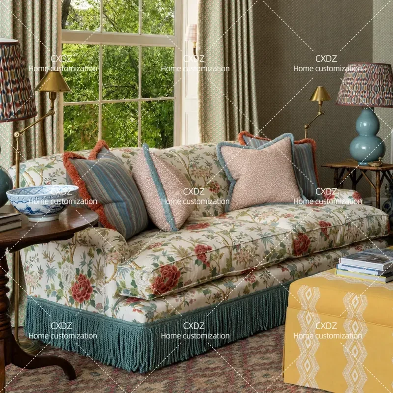 Pastoral Fabric Printed 3 Seater Sofa Solid Wood Frame Double Couch for Villa Living Room Rural Style Furniture