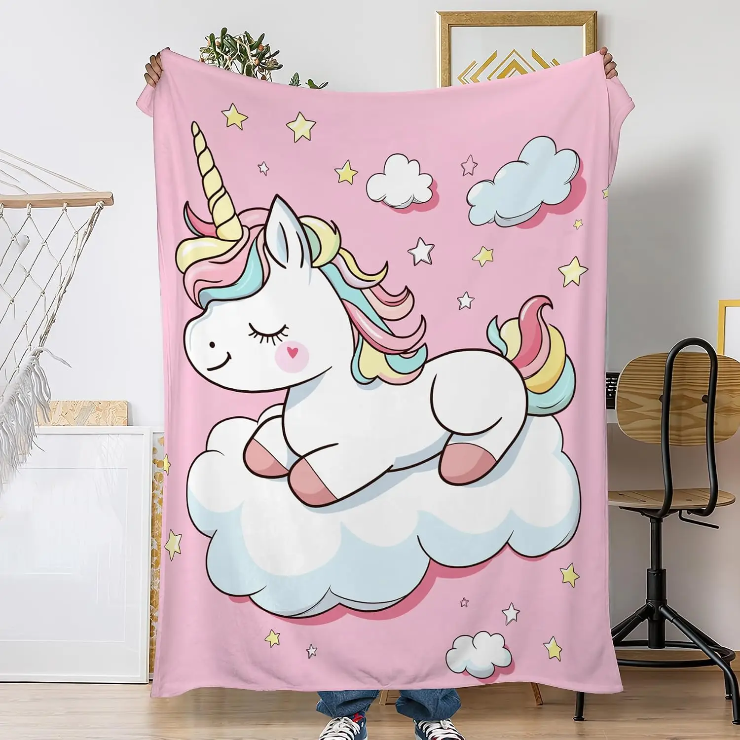 Sweet Pink Base Cartoon Sleeping Unicorn Cloud Star Full Print Fluffy Throw Blanket, Warm Soft Couch Kids Girly Home Gift