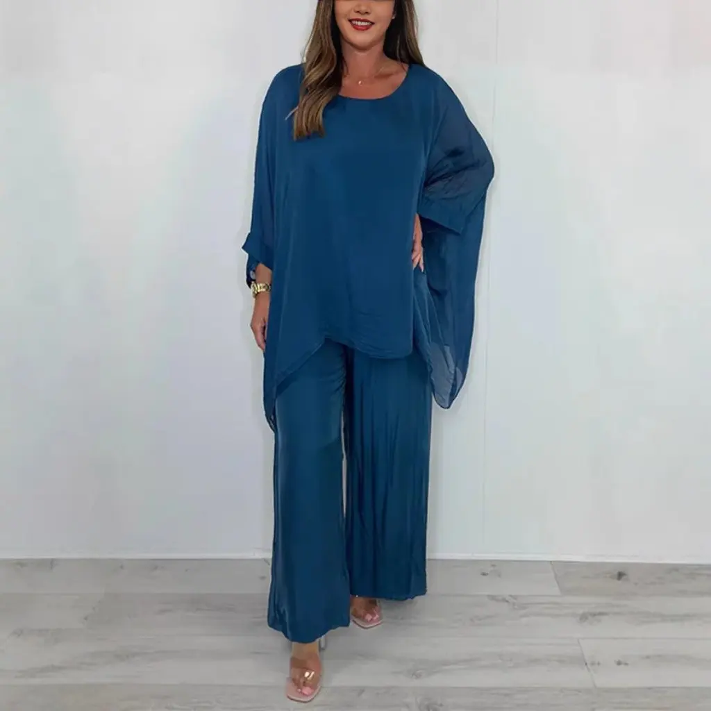 Summer Fashion Loose Chiffon Long-Sleeved Top And Wide-Leg Pants Casual Suit for Women European And American Style