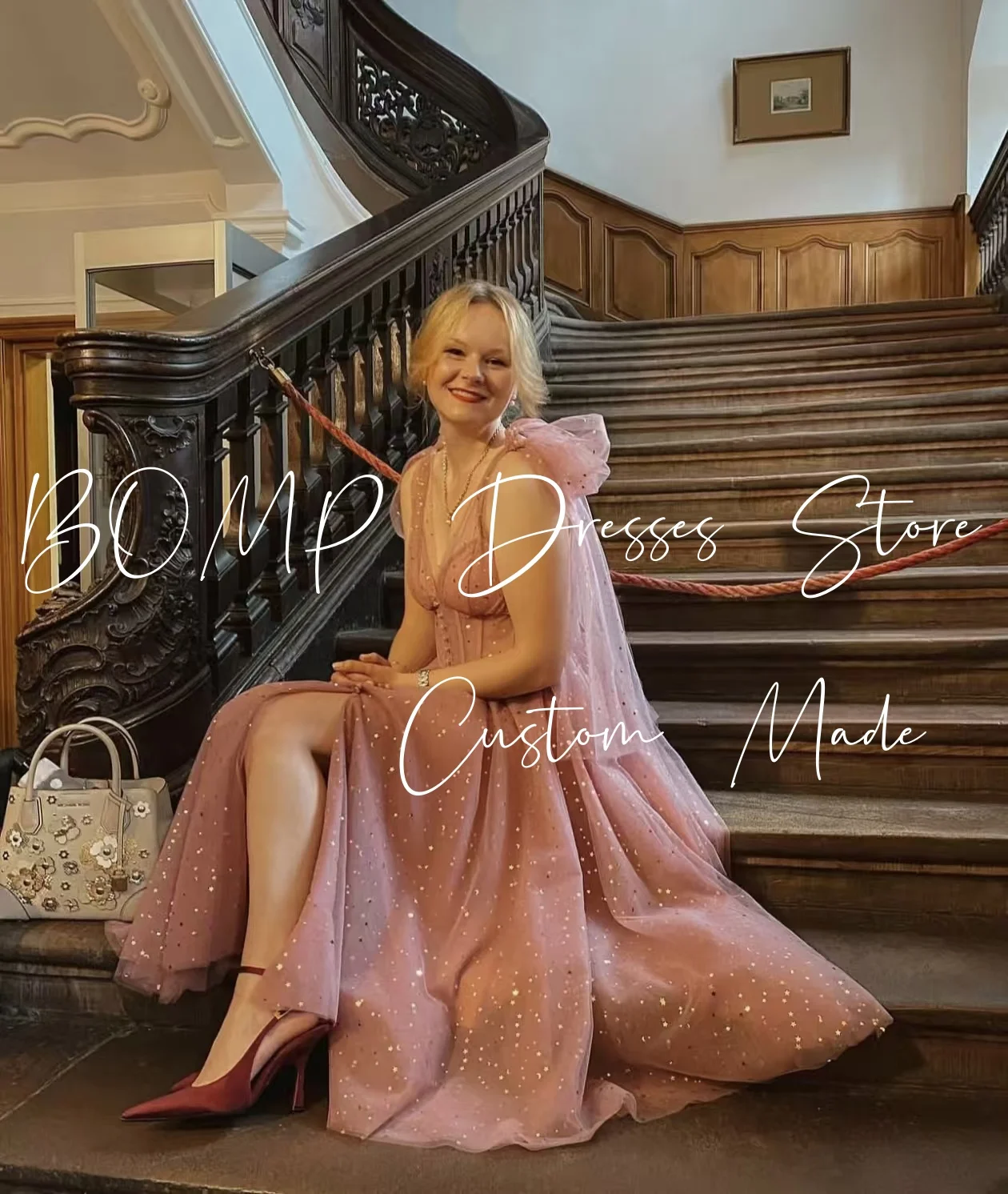 BOMP เลื่อมหรูหราชุดแต่งงานหวานใจโบว์สปาเก็ตตี้เดรปยาวพื้นสีชมพูชุดราตรีวันเกิดที่กำหนดเอง