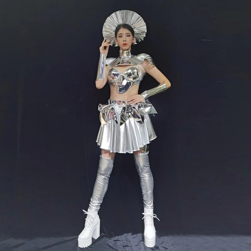 Nightclub Gogo Dancer Costumes Futuristic Silver Armor Pole Dance Clothing Rave Festival Clothing Halloween Dancewear VDB5781