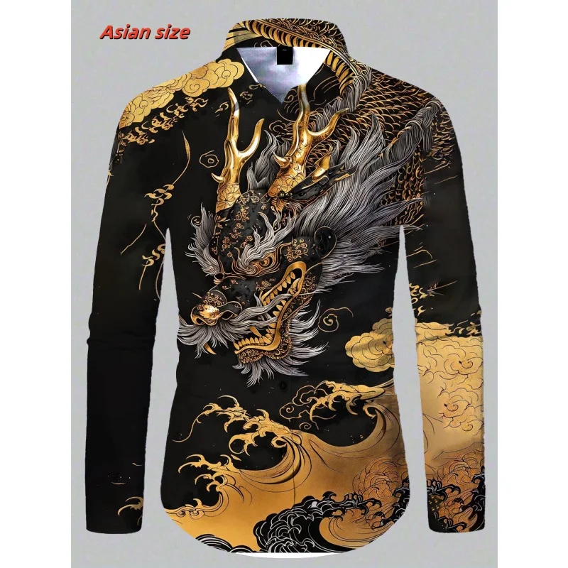 Cool Dragon Bull Pattern Hawaiian Shirts For Men Fun Cat 3D Printed Blouse Spring Autumn Casual Loose Aloha Shirts Long Sleeves