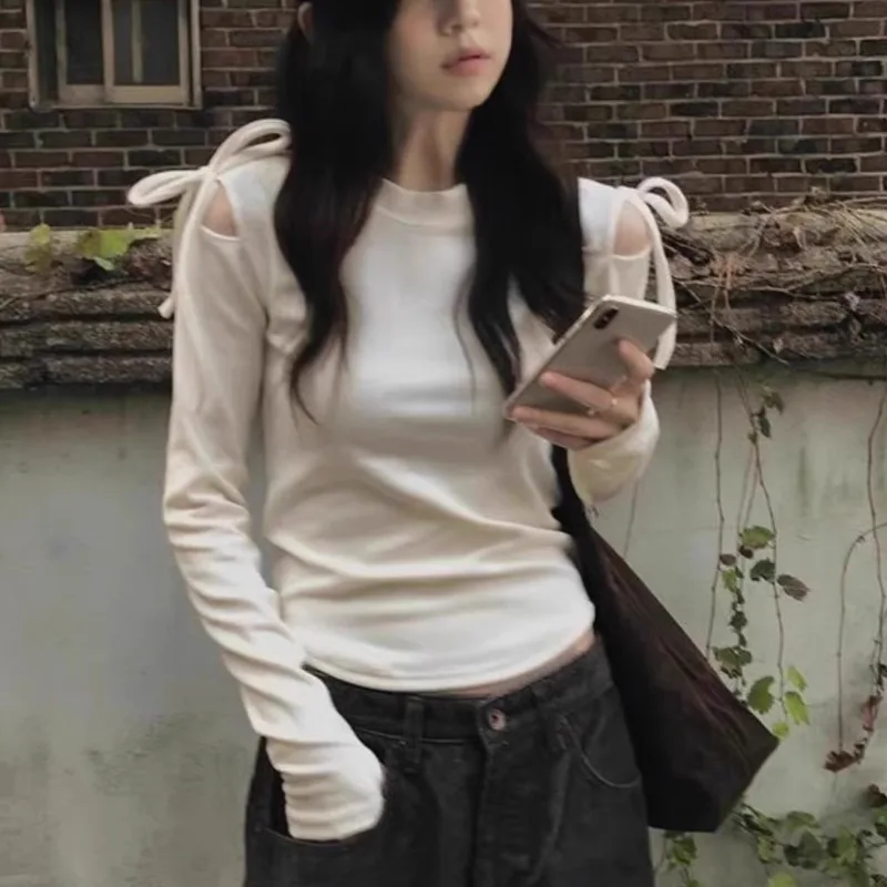 O-neck Hollow Strapless Lace-up Sexy Slim Long-sleeved T-shirt Women 2025 Summer New Korean Solid Color Casual Threaded Tops
