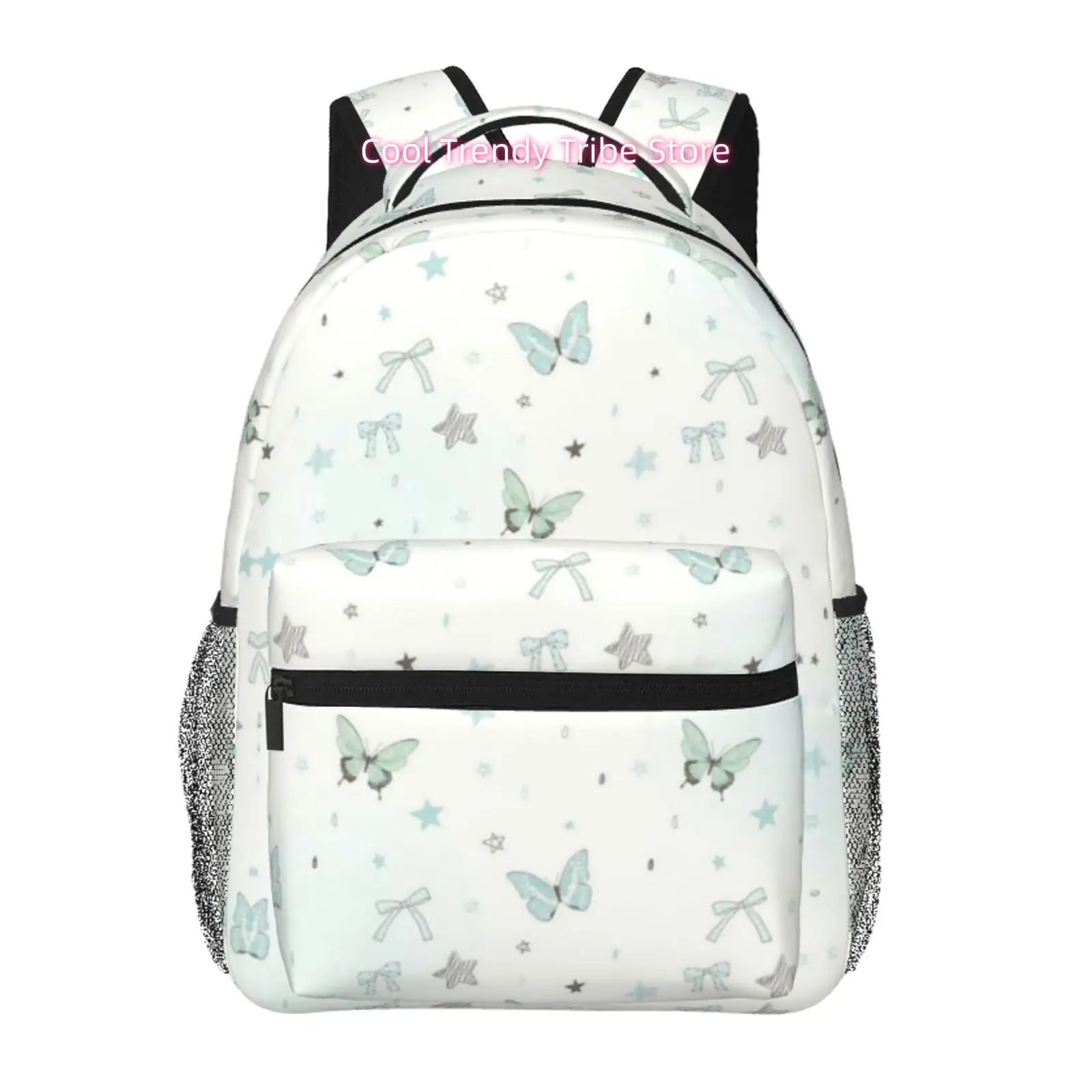 Mint Green Butterfly and Bow Print Backpack, Oxford Cloth Adjustable Strap Casual Daypack for Travel, Outdoor& Sports