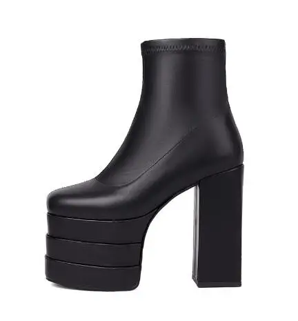 Punk Girls Square Parker en cuir brillant noir 256 pour femmes, troisième plate-forme, 14 cm, nuit, talon, fermeture éclair, bottes de rinçage latérales, chaussons courts, chaussure