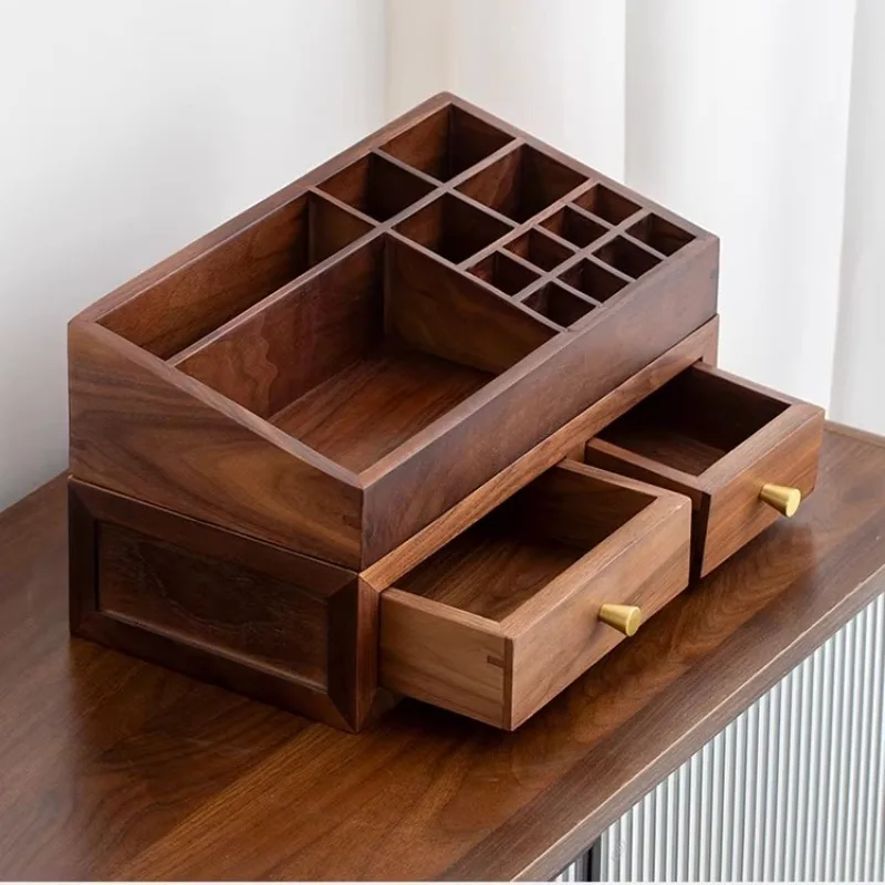 

Walnut Makeup Organizer Large Capacity Solid Wood Cosmetic Storage Box Skincare Jewelry Display Tray Desktop Lipstick Shelf