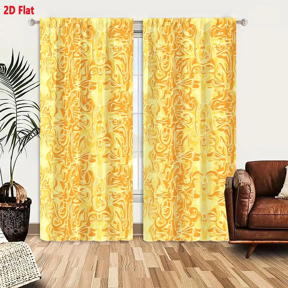 2Pcs Curtains 2D Flat Psychedelic Ornate Seamless Pattern With Warm Yellow Orange And Gold Abstract Floral Motifs Window Drapes