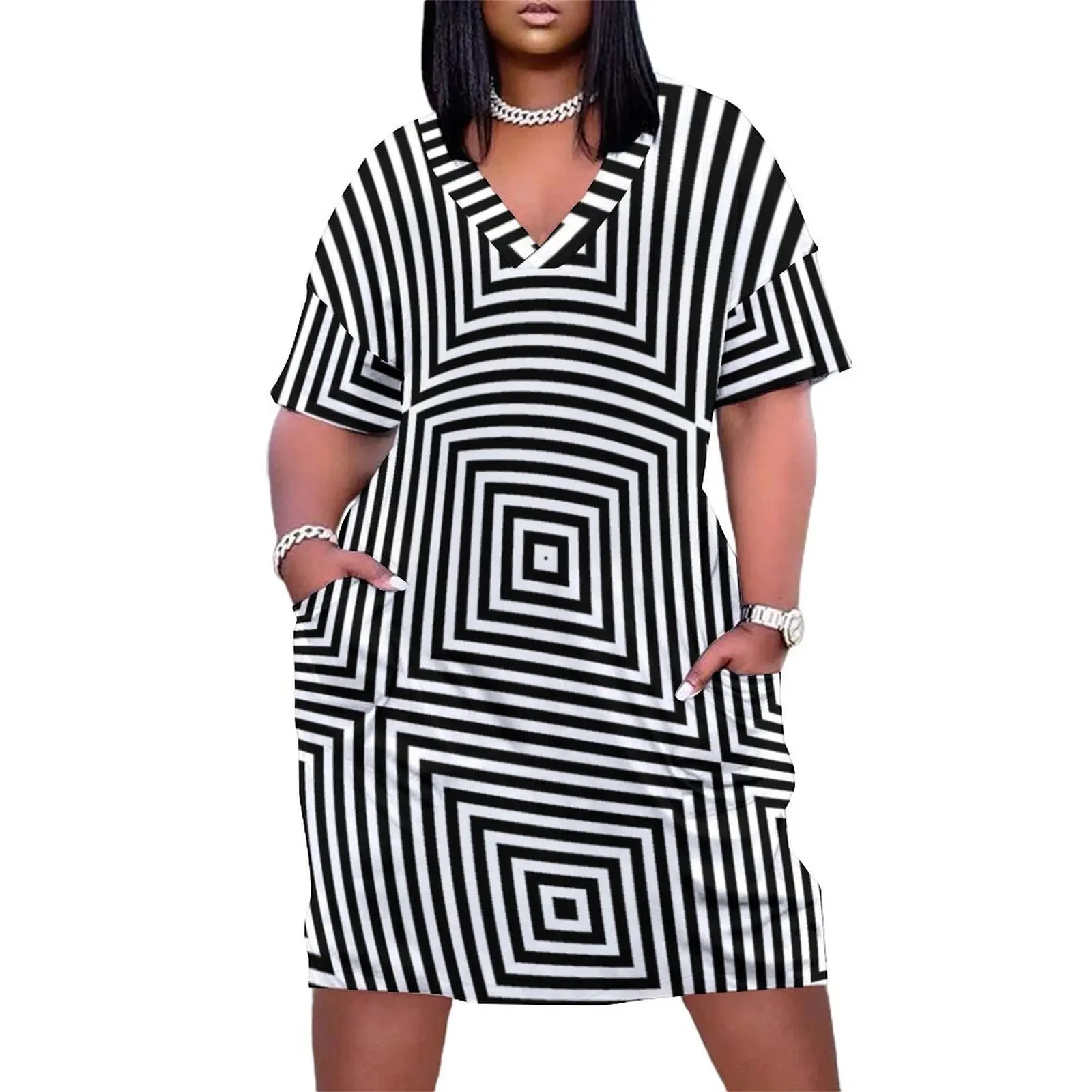 Square Optical Illusion Black And White Loose Pocket Dress dresses for women 2025 Women's clothing summer dress woman 2025