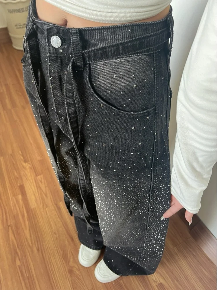 

American Retro High Waist Denim Jeans Women Spring New Loose Floor-Length Splicing Sequin Pants Fashionable Ladies Trousers
