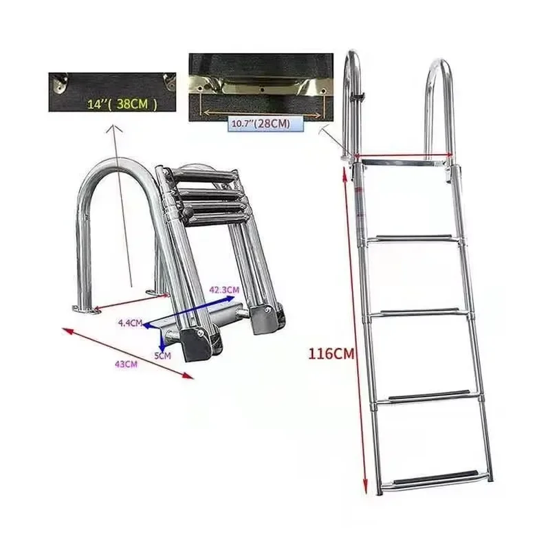 4 Step Pontoon Boat Ladder Stainless Steel Ladder Folding Over Dock Swimming Boat Ladder