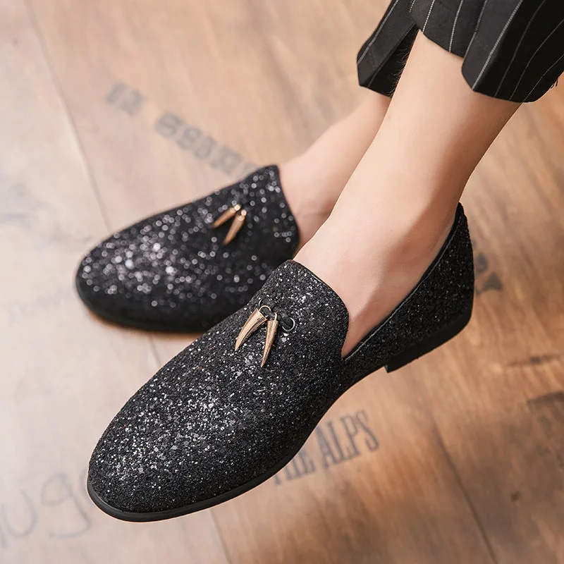 Italian Luxury Glitter Loafers Shoes Mens Silver Sequin Shoes Plus Size 46 Dress Weddings Shoes For Men  Pointed Toe Formal Shoe