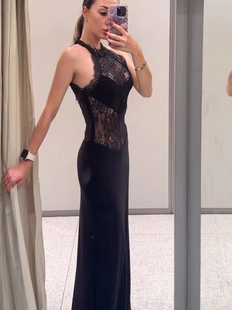 TFMLN Elegant Women Sexy Maxi Dress Halter Sleeveless Patchwork Lace Solid Sleeveless Slim Semi Sheer Party Dress Summer New