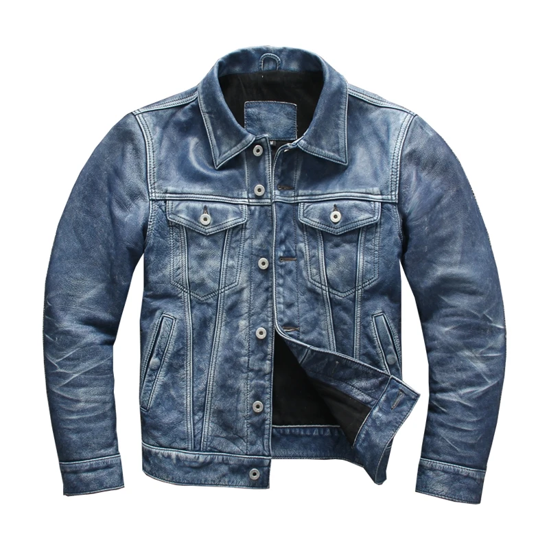 Vintage Blue Men\'s Spring Jacket Casual Style Plus Size 4XL Natural Cowhide Autumn Slim Fit Short Genuine Leather Coats