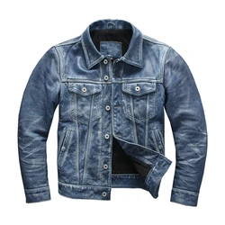 Vintage Blau männer Frühjahr Jacke Casual Stil Plus Größe 4XL Natürliche Rindsleder Herbst Slim Fit Kurz Echtem Leder Mäntel