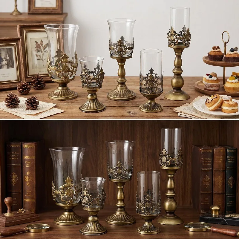 Vintage Bronze Filigree Wrought Iron Candle Holder with Windproof Glass Candle Cup, Romantic Tabletop Decoration for Dinner & Pa