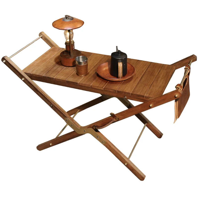 

New product two-stage height adjustable folding solid teak all brass outdoor camping balcony tea coffee portable expansion table
