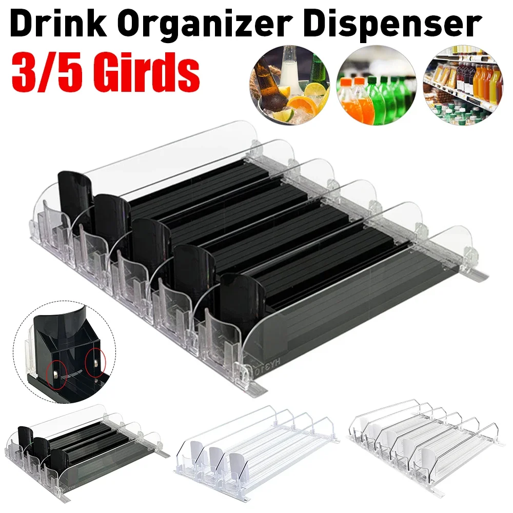 Canned Beverage Push Rack Drink Organizer Dispenser Spring Push Adjustable Width Storage Shelf E-shaped Glide for Kitchen Fridge