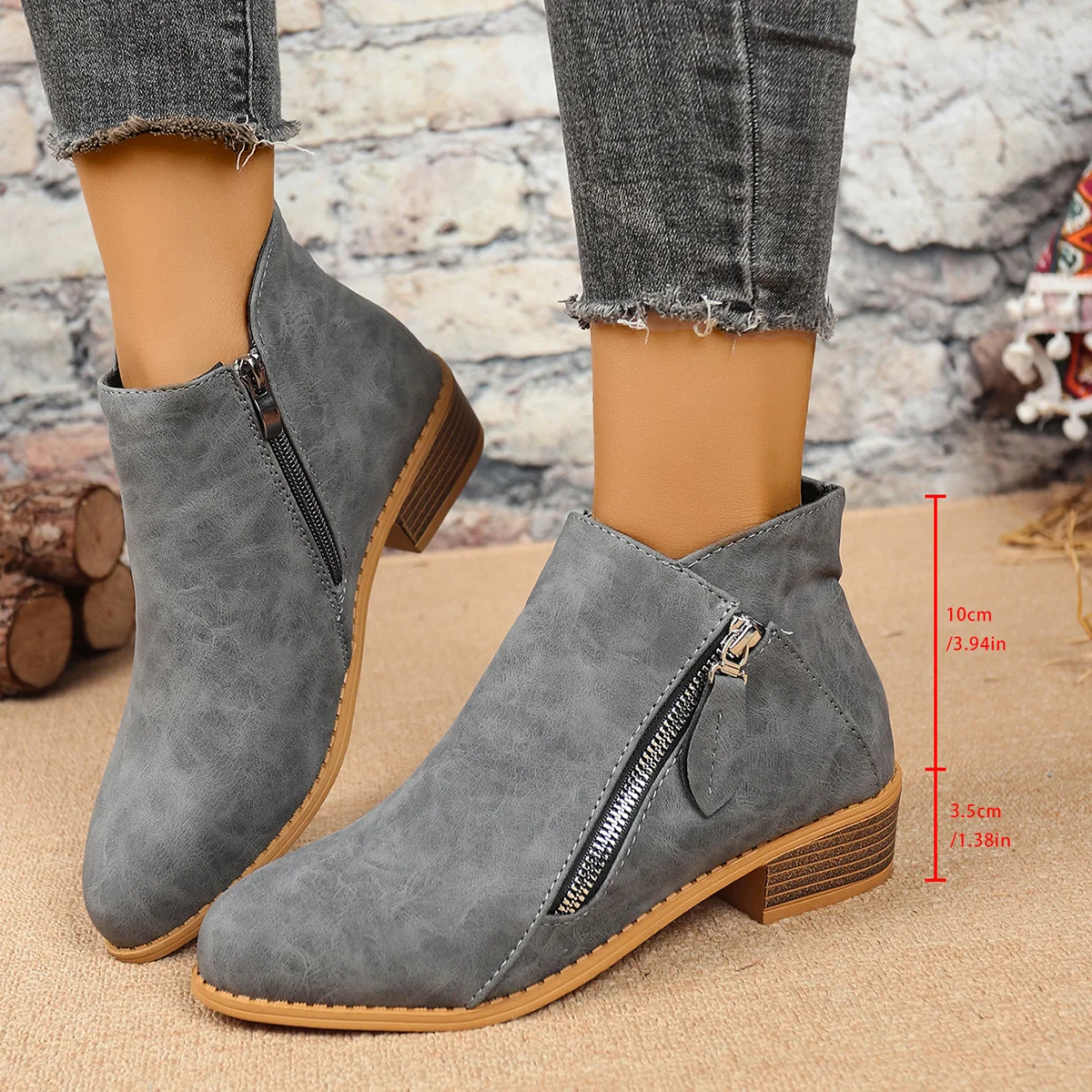 

Fall Winter Women's Boots Chunky Heel Sharp Point Slim Double Zipper Style Large Size Short Boots Fashionable And Comfortable