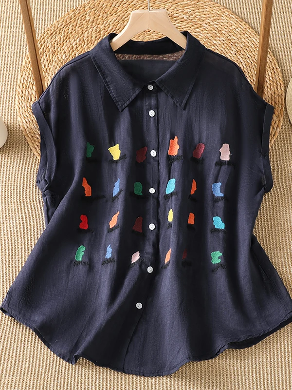 

Artistic Heavy Embroidery Cotton Linen Sleeveless Shirt Large Size Women's Fashionable Turn-down Sleeve Slimming Versatile To...