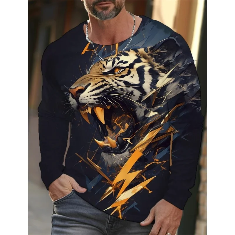 Tiger Graphic Men's Long Sleeve T-shirt for Men Clothing Casual Top Tee Shirt Fashion Animal 3D Full Printing Streetwear