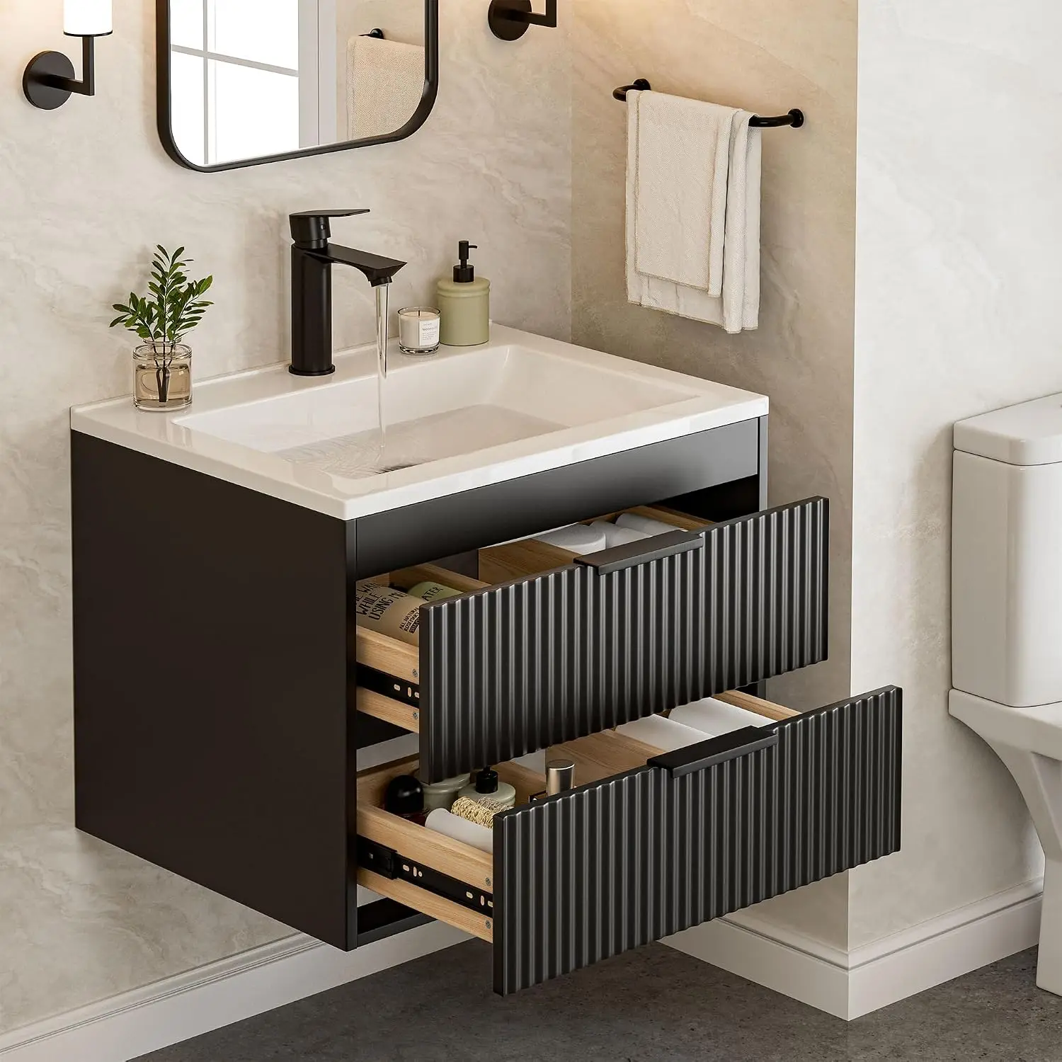 24 Inches Modern MDF Bathroom Vanity with Sink, Wall Mounted Floating Cabinets w/Double Drawers, Black Handles, White Resin