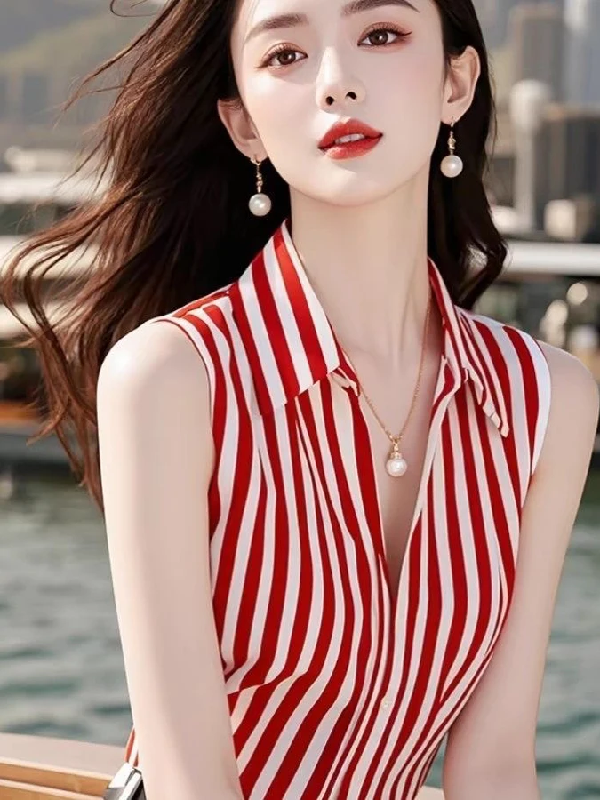 

Summer 2025 Svel Vest Top Women's Faionable Bla White Striped Chiffon irt Outerwear Commute Sle Slim Fit C...