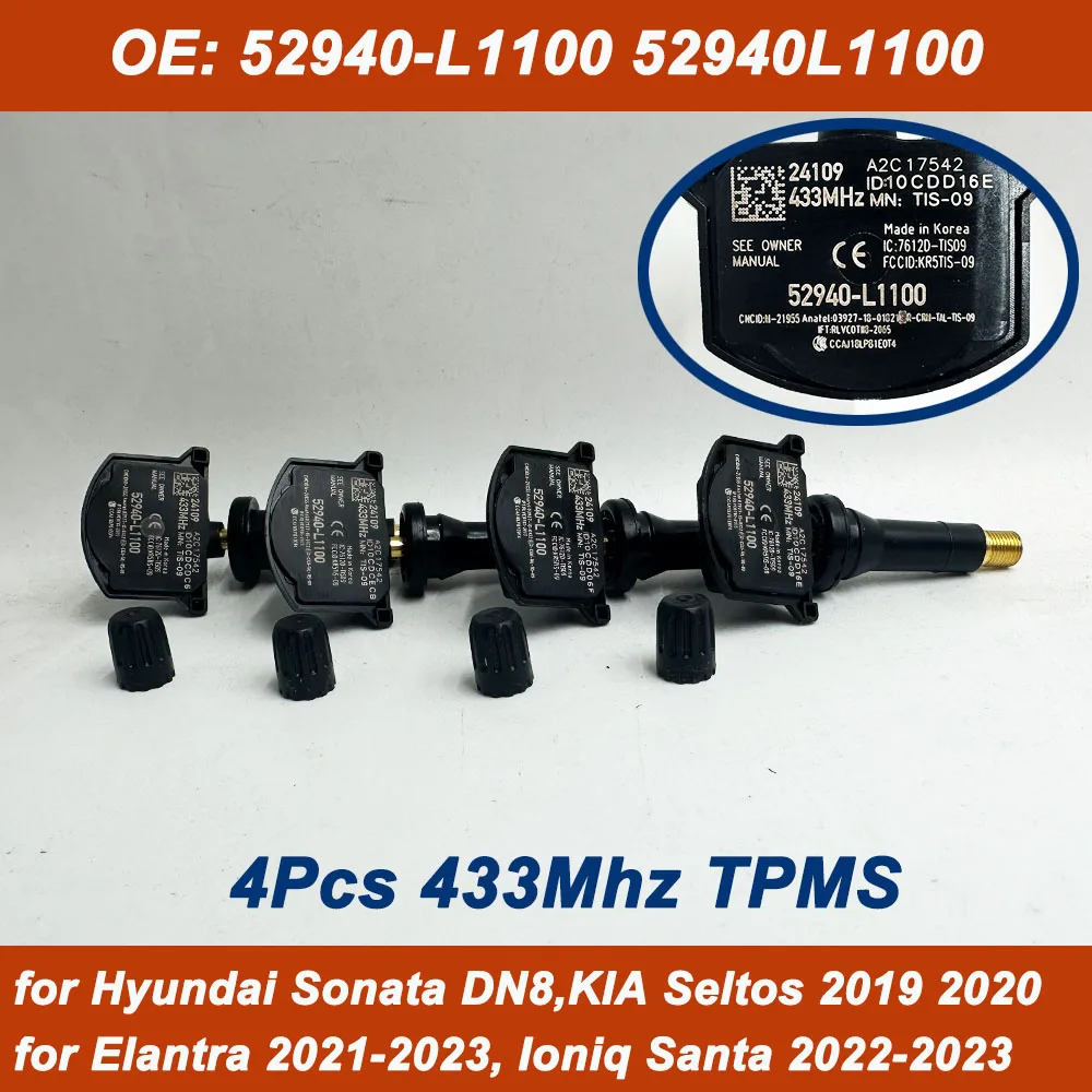 4Pcs For 2020 2021 2022 2023 Kia Optima Sorento Hyundai Sonata Elantra 433MHz Tire Pressure TPMS Sensor 52940-L1100 52940L1100