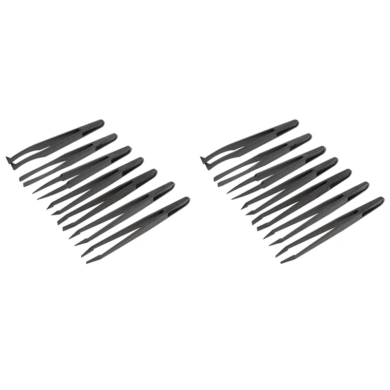 ABRW-14Pcs Black Plastic Antistatic Flat Bottomed Top End Tweezers Hand Tools Set