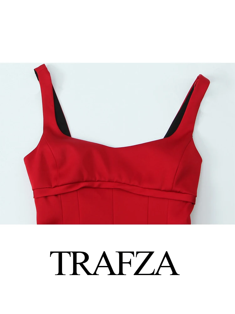 TRAFZA Women\'s Sexy Fashion Red Square Collar Open Silk Satin Texture Mini Dress Female Elegant Sleeveless Backless Zipper Dress