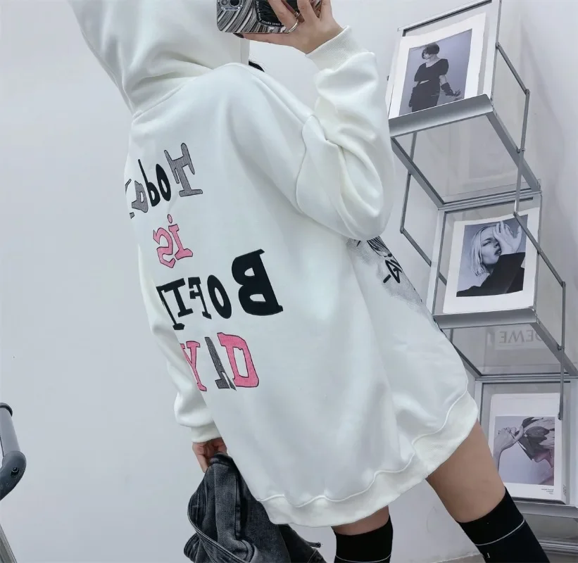 Winter 2024 New European Korean Style Top Medium And Long Hooded Sweatshirt Women\'s Sweet Cute Fleece Loose Casual Skinny Hoodie