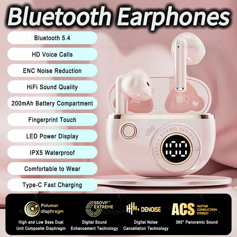 Earbuds Wireless Headphones TWS Bluetooth Earphones 28H Playtime ENC Noise Canceling IPX5 Waterproof Handsfree Headset - Pink