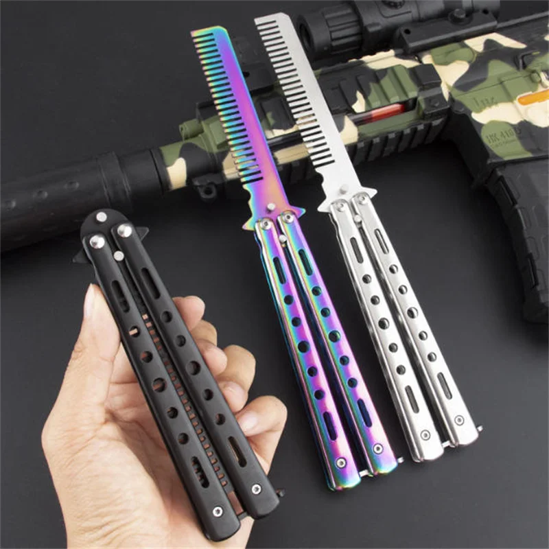 

1PC Foldable Comb Stainless Steel Practice Training Butterfly Knife Comb Beard Moustache Comb Hairdressing Hair Styling Tool